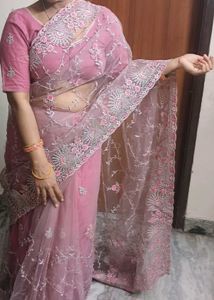 Elegant Pink Embroidered Saree