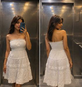 White Strapless Eyelet Tiered Dress