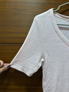 Light Pink Ribbed V-Neck T-Shirt