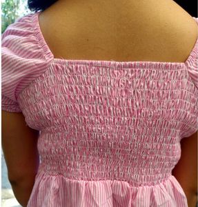 Pink Striped Puff-Sleeve Peplum Top