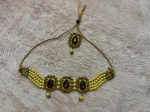 Elegant Red Stone Pearl Necklace Set