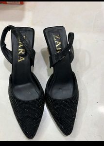 Zara Black Embellished Slingback Heels