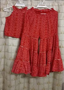 Girls Red Bandhej Print Sharara Set