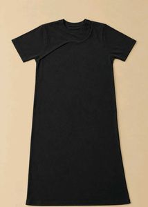 BLACK ASYMMETRIC NECKLINE SHORT SLEEVE MIDI DRESS
