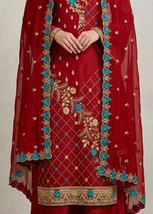 red embroidered dress material with dupatta
