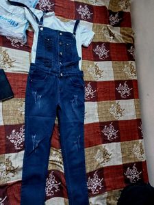 Trendy Ripped Denim Overalls with T-shirt