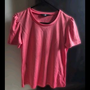 Coral Puff Sleeve Textured T-Shirt