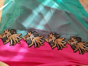 Embroidered Teal and Pink Saree