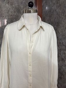 Cream Textured Long Sleeve Button-Up Blouse