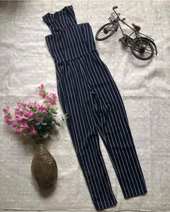 Navy Striped Strapless Jumpsuit