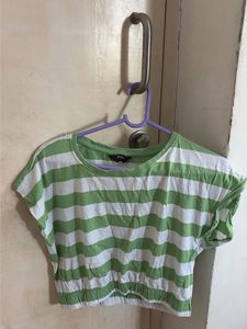 Green & White Striped Cropped Top