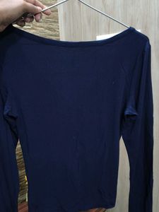 Navy Blue V-Neck Lace Trim Top