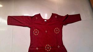 Designer Neck Red Embroidered Kurti