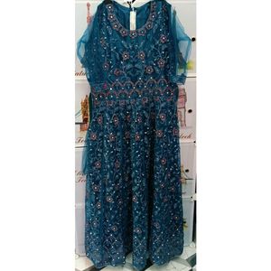 Elegant Teal Blue Party Wear Net Gown with Heavy S
