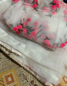White Saree with Pink Floral Embroidery