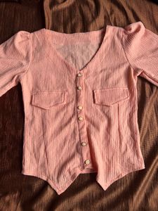 Chic Pink Textured Button-Up Top