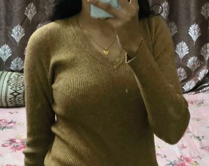 Brown V-Neck Long Pull Over