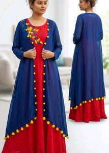 Red & Blue Embroidered Anarkali Dress