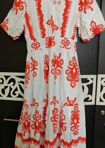 Cotton Midi Dress White With Orange Print