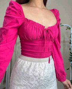 Hot Pink Tie-Front Puff Sleeve Top