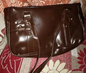 Brown Faux Leather Handbag with Lace Detail