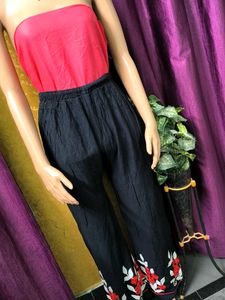 Embroidered Palazzos Black with Red Floral Accen