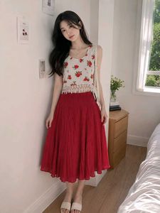 Floral Print Crop Top & Red Skirt Set
