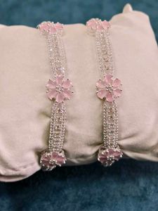 Elegant Pink Flower pure silver Bangles