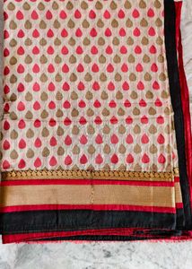 Elegant Cream Saree with Red & Gold Motifs
