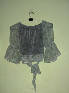Sheer Floral Bell Sleeve Wrap Top