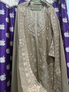 Pakistani beige Embroidered Kurta Set with Dupatta