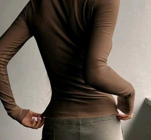 Brown Ribbed Long Sleeve Top