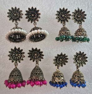 Set of 4 Oxidized Jhumka Earrings