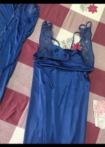 Blue Satin Nightdress with Lace