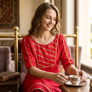 Elegant Red Boutique Kurta with Gold Trim