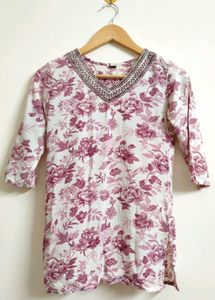 Floral Print Kurta with Embellished Neckline