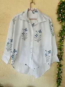 White Floral Print Button-Up Shirt