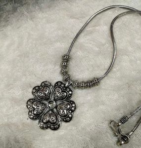 Silver tone oxidised Flower Necklace