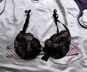 Black Lace Bra with Pink Polka Dots