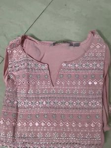 Pink Embroidered Kurta with Mirror Work