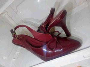 Burgundy Slingback Heels with Bow Detail