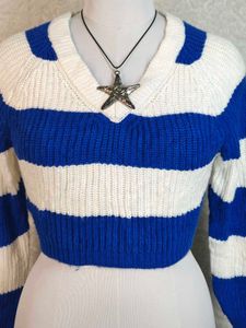 Blue &amp; White Striped Cropped Sweater