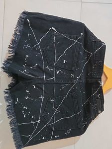 Black Distressed Denim Shorts with White Splatter