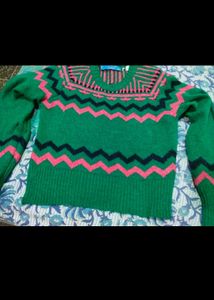 Green Geometric Pattern Knit Sweater crop