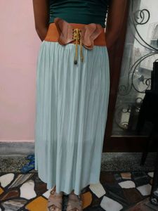 Premium Shiny Mint Green Pleated Maxi Skirt (Size