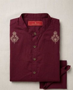 Men's Maroon Embroidered Kurta
