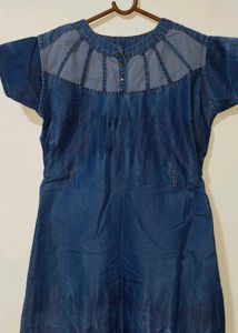 Denim Blue Short Sleeve Top with Sheer Yoke Detail