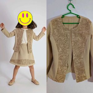 Girls Beige Skirt & Jacket Set