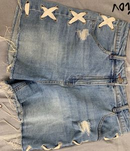 Distressed Denim Lace-Up Shorts