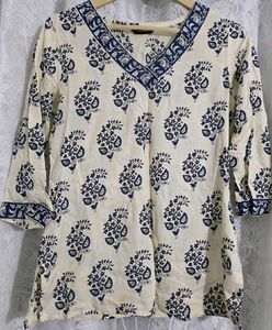 Cream & Blue Floral Print Kurta